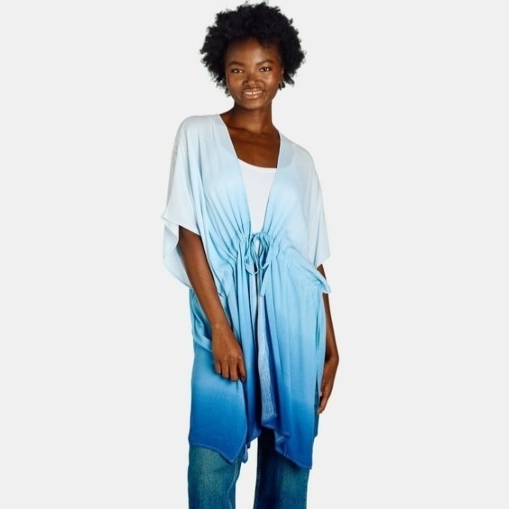 Time and Tru‎ Blue Ombre Tie-Front Ruana Kimono Swim Cover Up Small Med New NWT